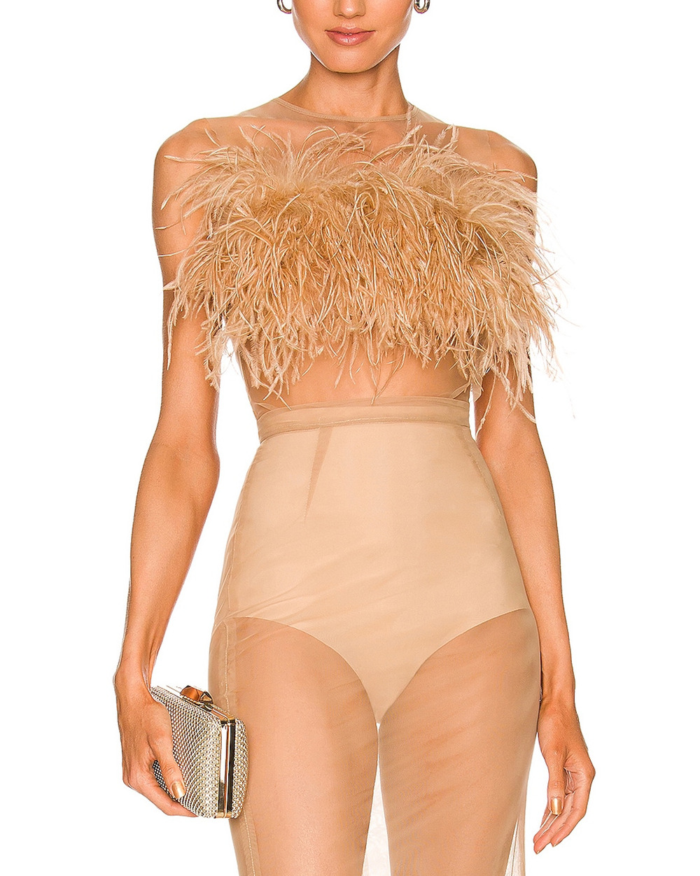 The Bar Feathered Champagne Marcel Top Size L